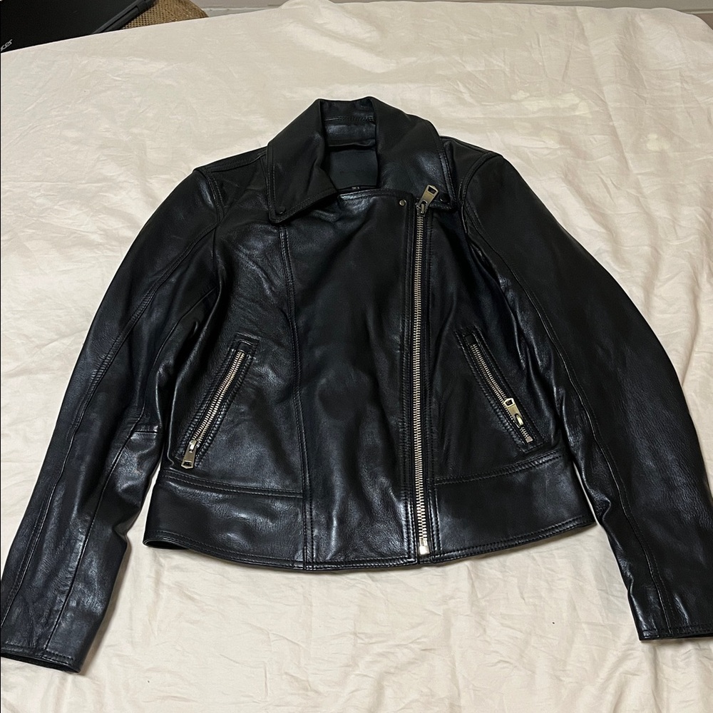 Massimo Dutti Black Leather Biker Jacket